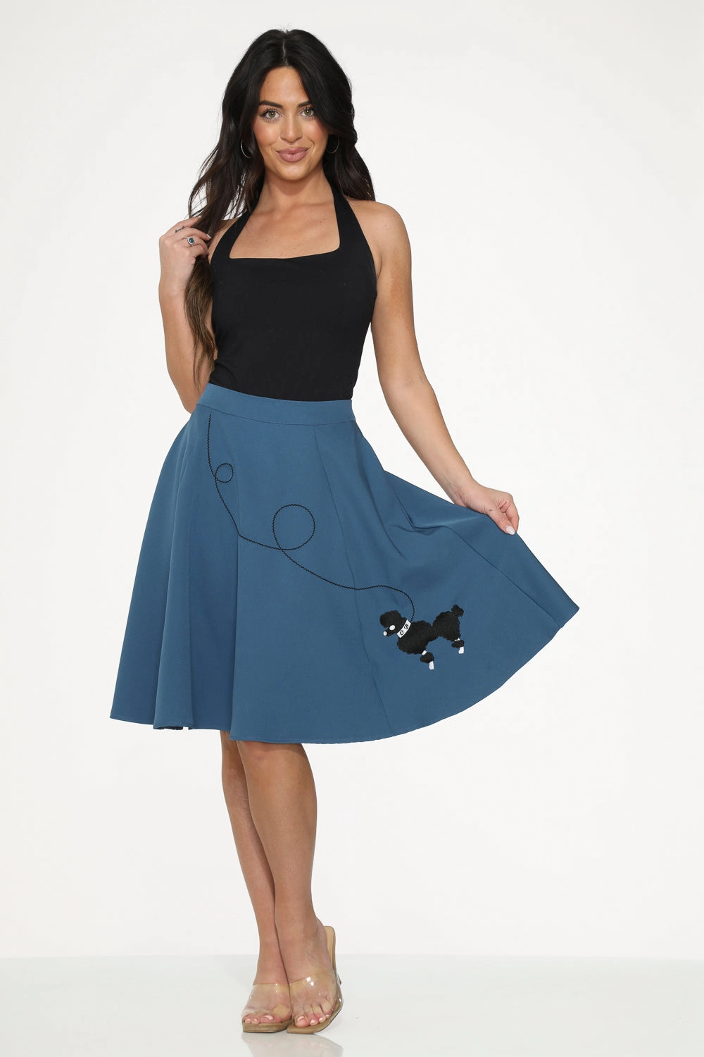 Blue Embroidered Poodle Swing Skirt