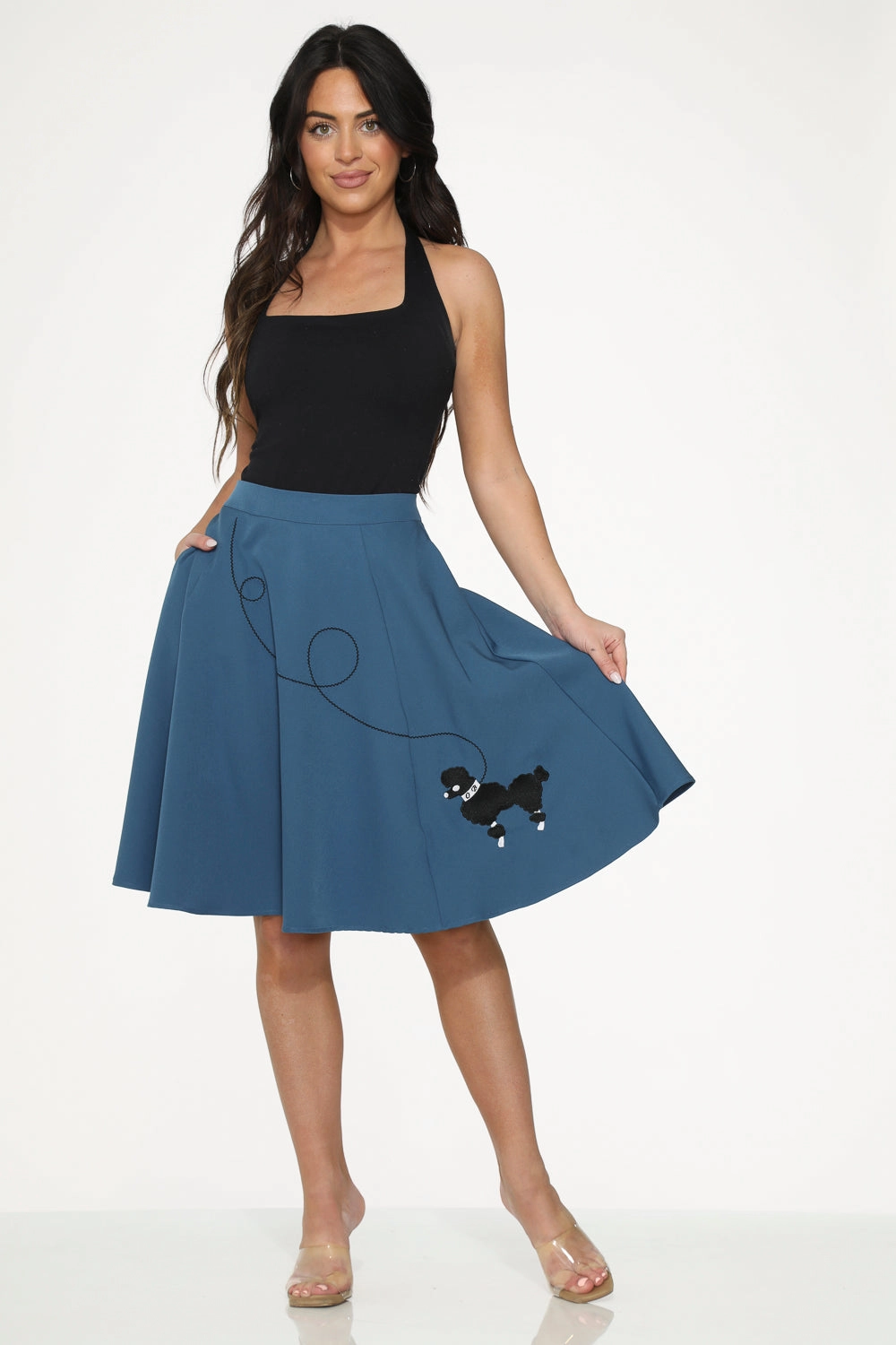 Blue Embroidered Poodle Swing Skirt
