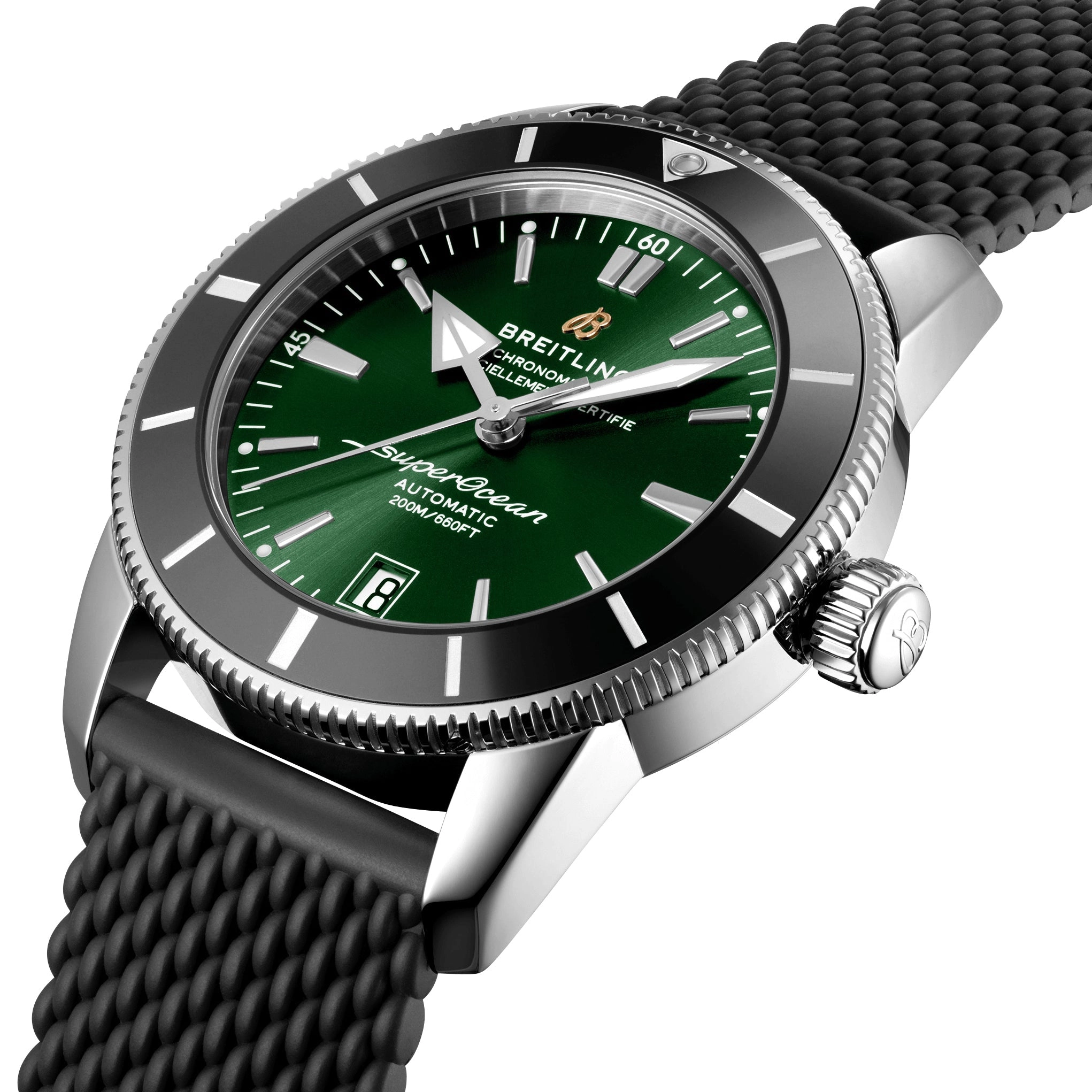 Breitling Superocean Heritage Automatic Chronometer Stainless Steel Green Dial Black Rubber Strap Date Divers Mens Watch AB2010121L1S1