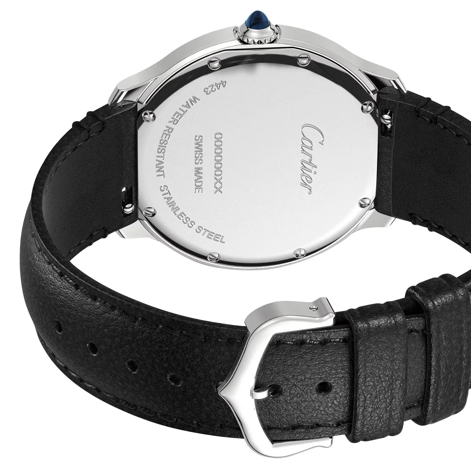 Cartier Ronde Must de Cartier Stainless Steel Silver Dial Black Leather Strap Quartz Unisex Watch WSRN0031