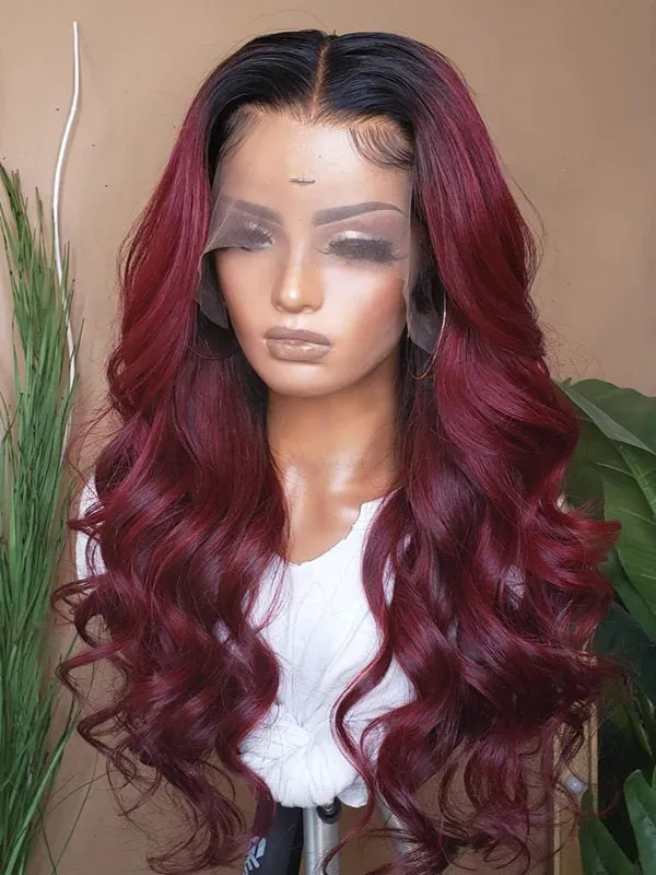 Chinalacewig Burgundy Ombre Color Virgin Hair 360 HD Lace Frontal Wig Wavy NCF112