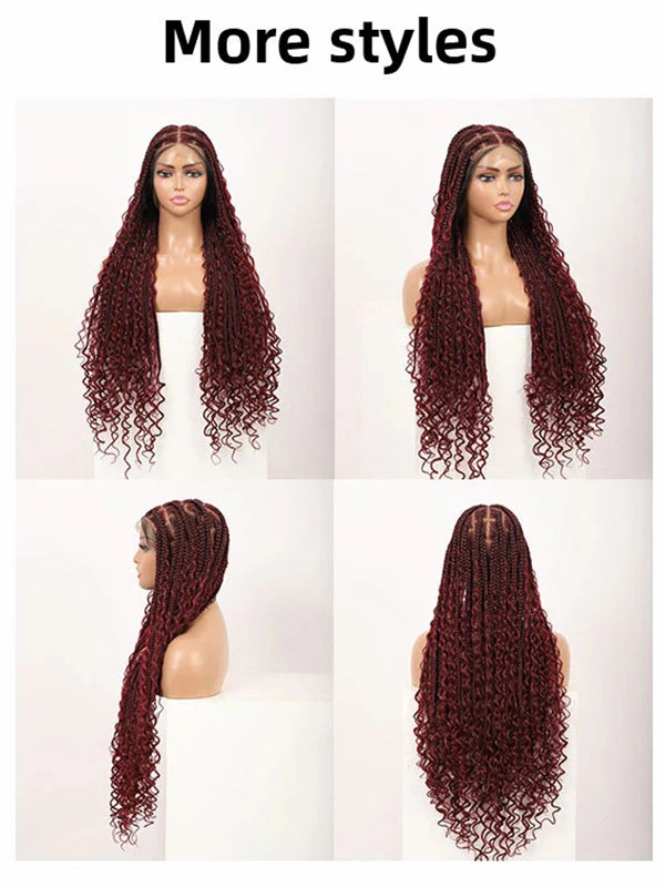 Chinalacewig HD Full Lace Knotless Box Boho Braided Wigs With Curls 99j Burgundy Color With Baby Hair Braids Wig