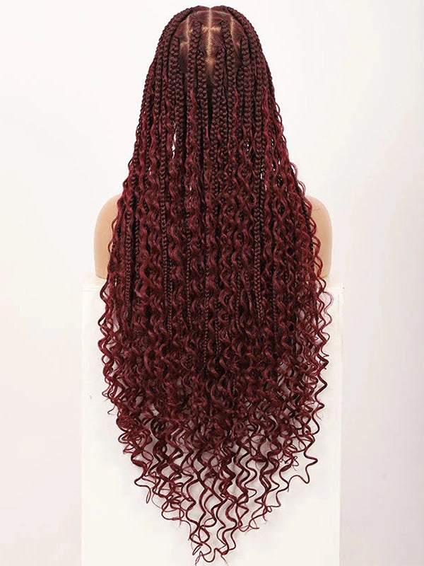 Chinalacewig HD Full Lace Knotless Box Boho Braided Wigs With Curls 99j Burgundy Color With Baby Hair Braids Wig