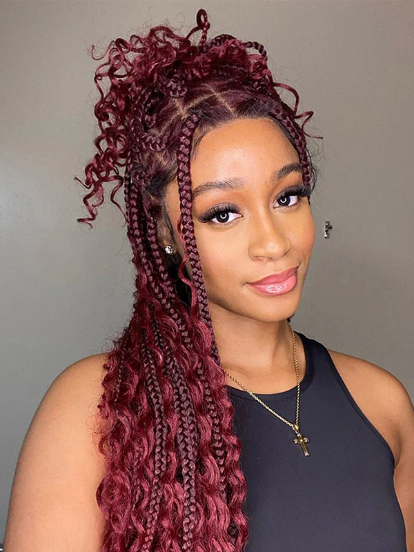 Chinalacewig HD Full Lace Knotless Box Boho Braided Wigs With Curls 99j Burgundy Color With Baby Hair Braids Wig