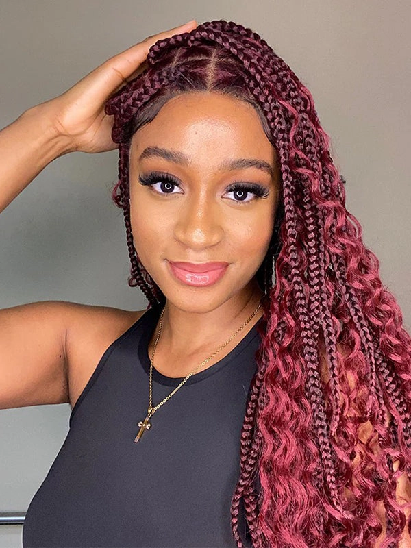 Chinalacewig HD Full Lace Knotless Box Boho Braided Wigs With Curls 99j Burgundy Color With Baby Hair Braids Wig