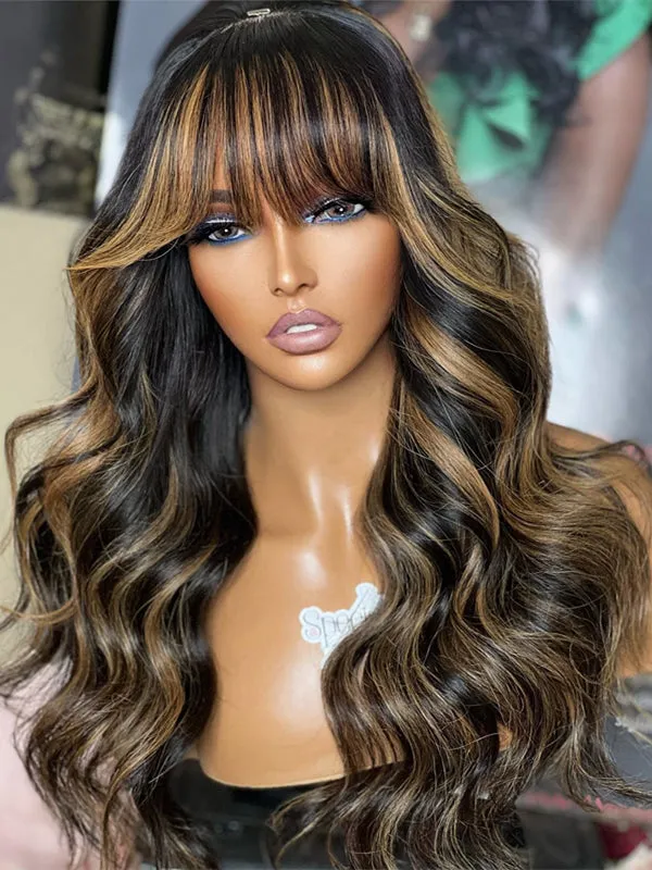 Chinalacewig Highlight Color Body Wave With Bang 5x5 HD Lace Closure Wig NY05