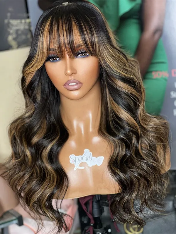 Chinalacewig Highlight Color Body Wave With Bang 5x5 HD Lace Closure Wig NY05