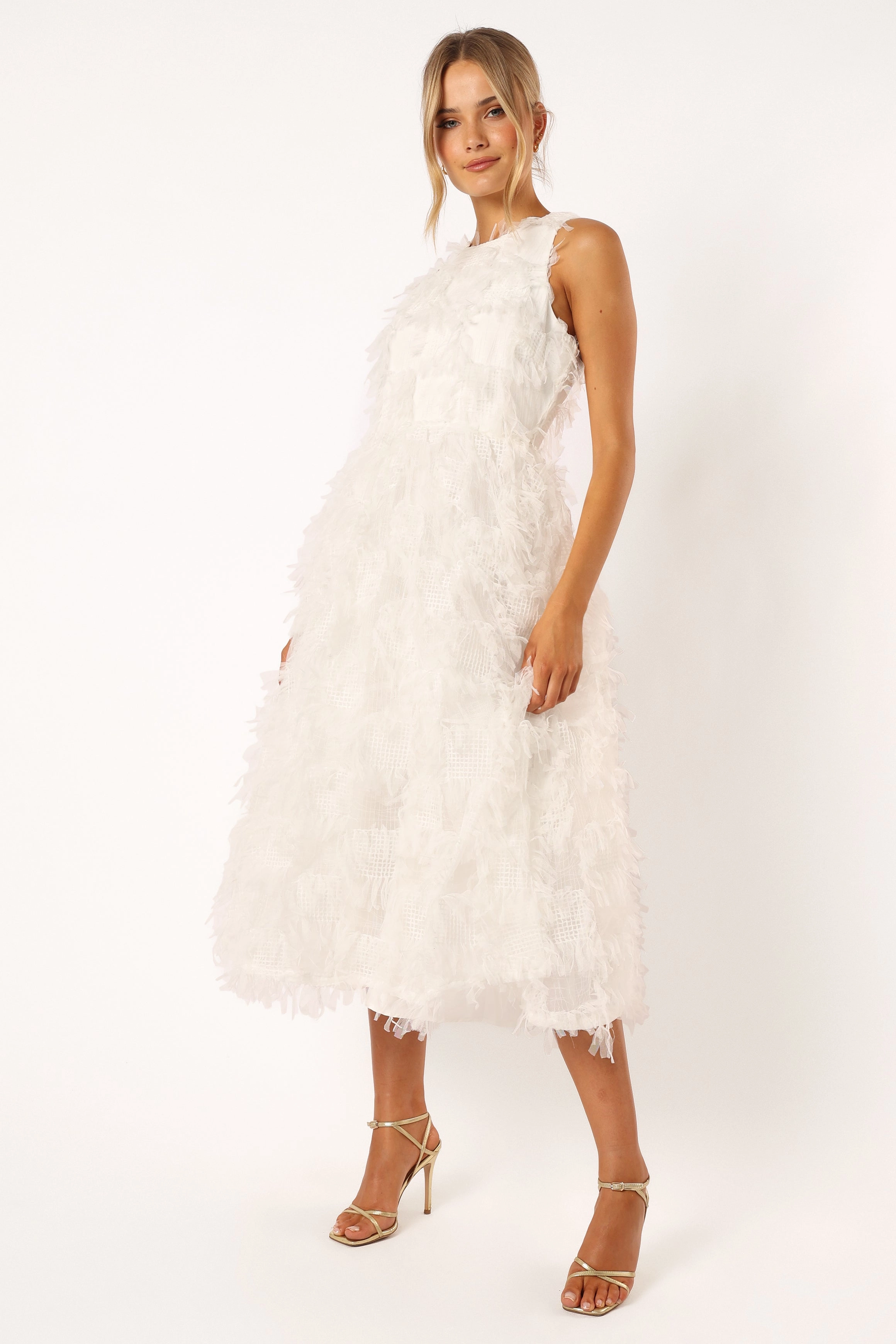 Florence Feathered Midi Dress - White