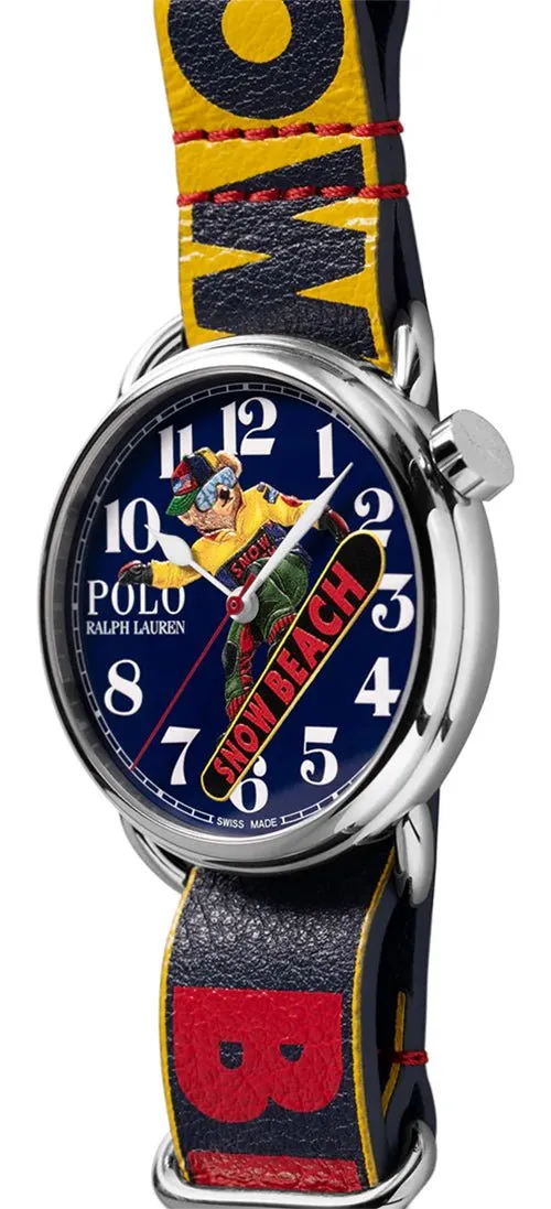 Limited Edition Polo Ralph Lauren x The Rake Snow Beach Bear Automatic Stainless Steel Blue Dial Leather NATO Strap Mens Watch