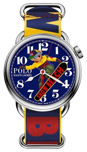 Limited Edition Polo Ralph Lauren x The Rake Snow Beach Bear Automatic Stainless Steel Blue Dial Leather NATO Strap Mens Watch