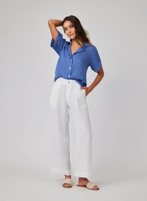 Linen Pleated Wide Leg Ankle Pant - White