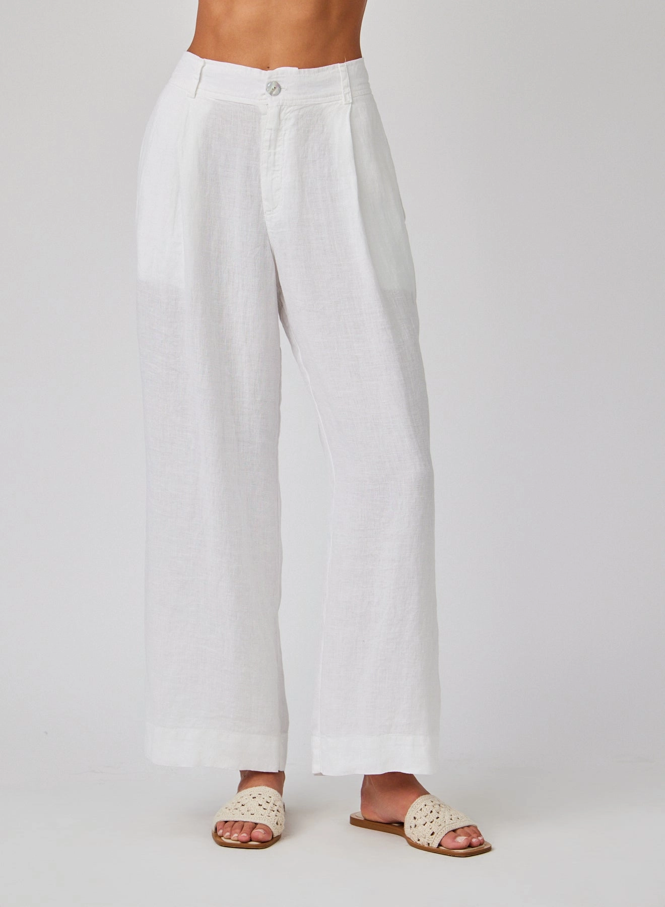 Linen Pleated Wide Leg Ankle Pant - White