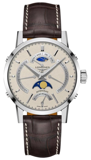 Longines Heritage Classic 1832 Automatic Stainless Steel Beige Dial Brown Leather Strap Retrograde Day/Date GMT Moonphase Mens Watch L4.828.4.92.2