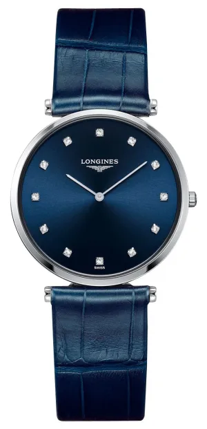 Longines La Grande Classique Stainless Steel Blue Dial Blue Leather Strap Diamonds Quartz Womens Watch L4.709.4.97.2