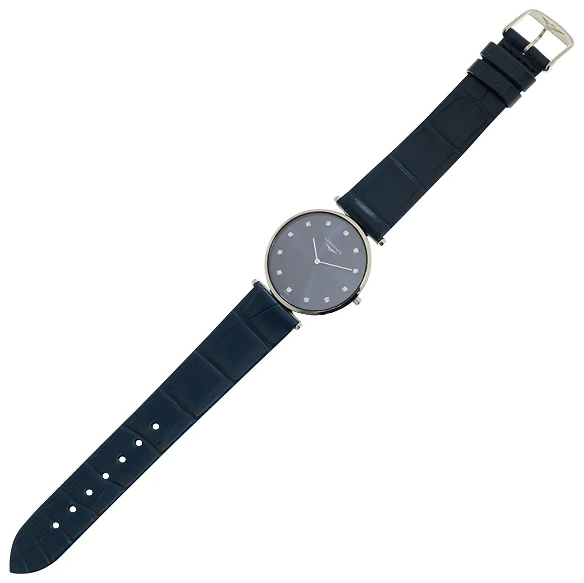 Longines La Grande Classique Stainless Steel Blue Dial Blue Leather Strap Diamonds Quartz Womens Watch L4.709.4.97.2