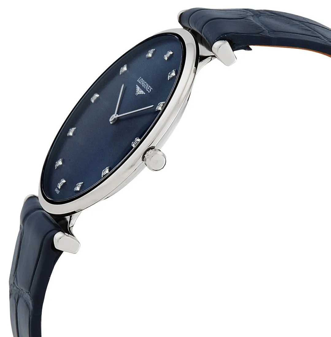 Longines La Grande Classique Stainless Steel Blue Dial Blue Leather Strap Diamonds Quartz Womens Watch L4.709.4.97.2