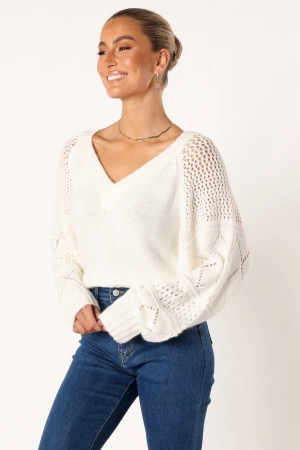 Lottie V Neck Texture Sleeve Knit Sweater - White