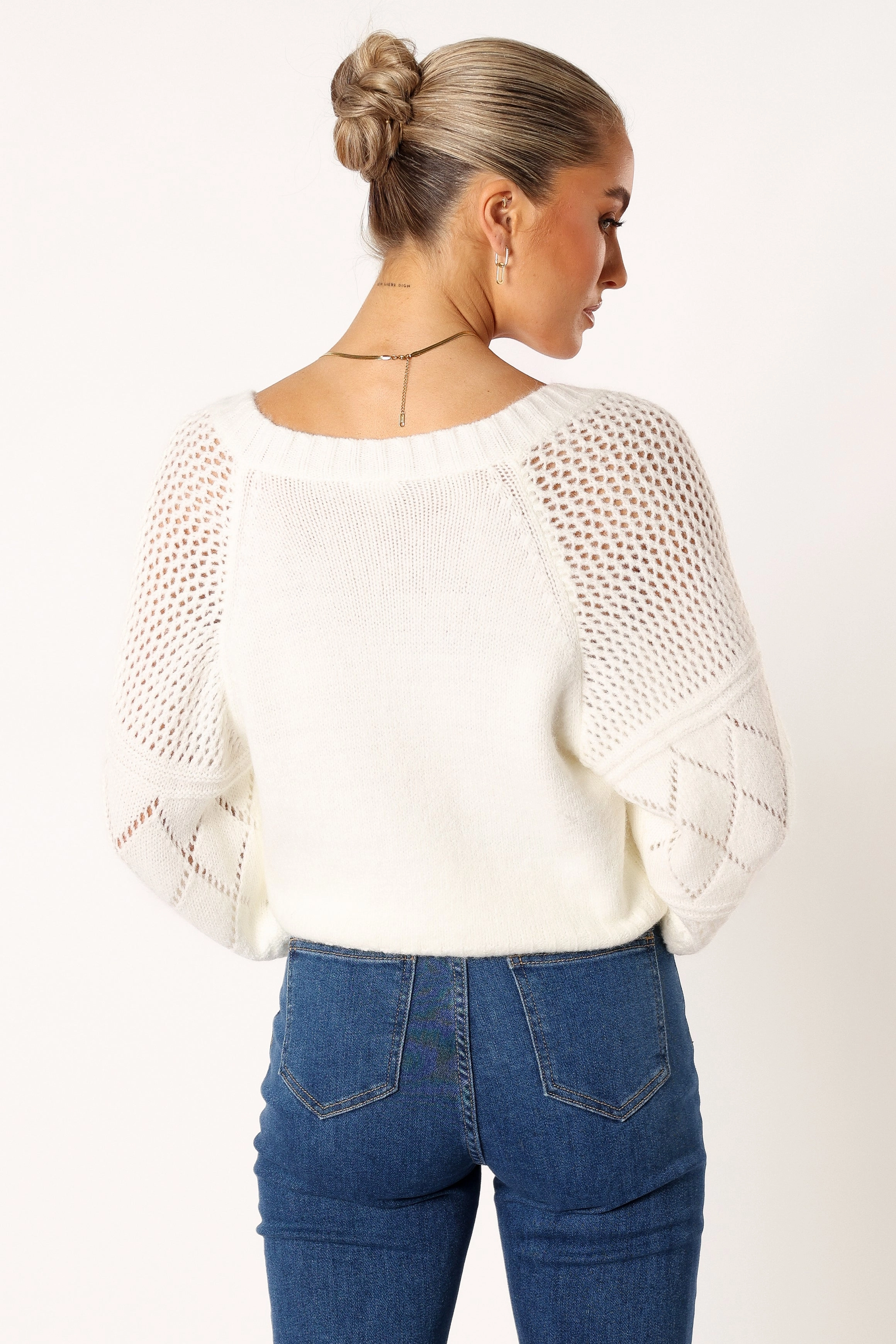 Lottie V Neck Texture Sleeve Knit Sweater - White