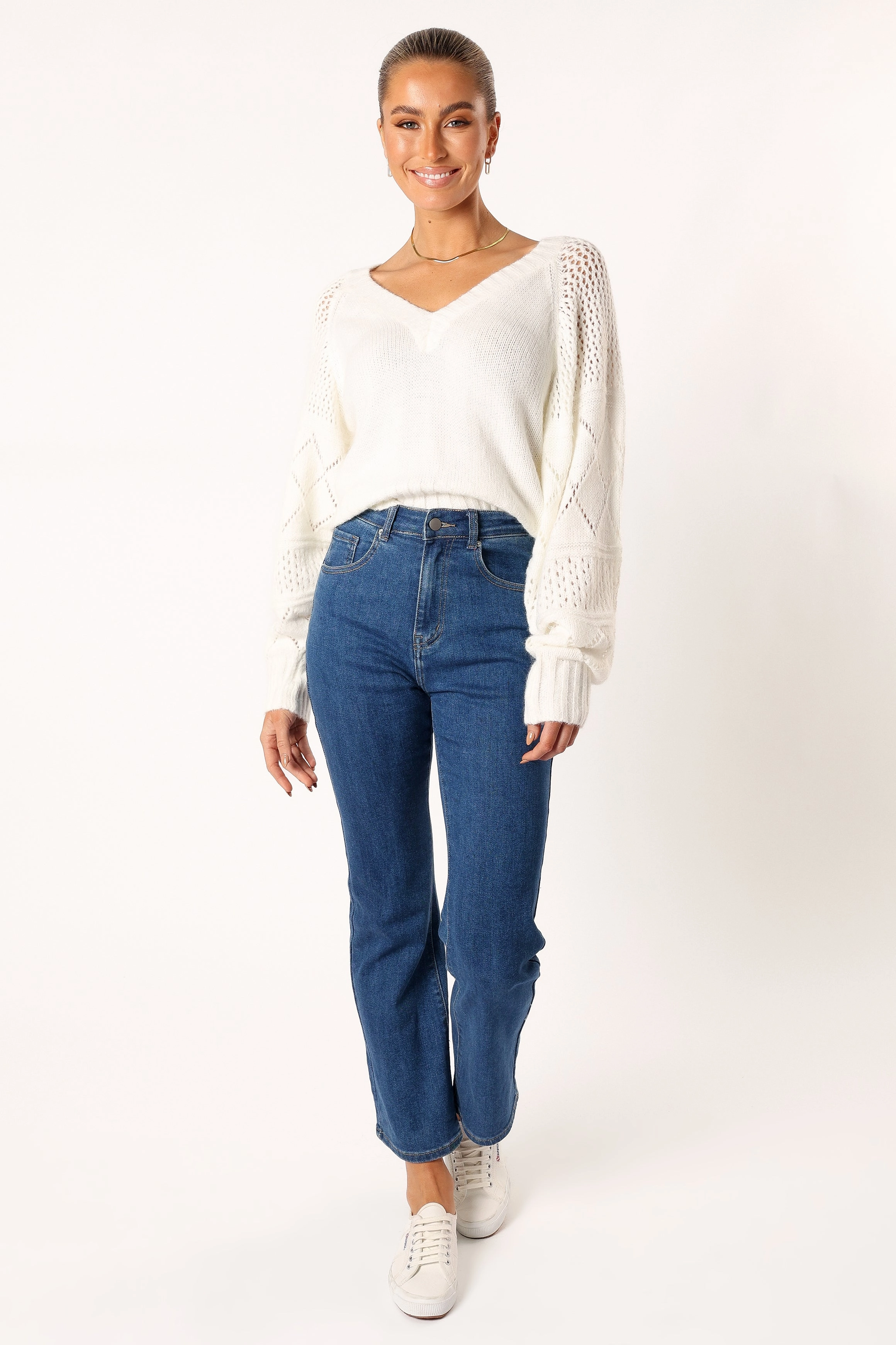 Lottie V Neck Texture Sleeve Knit Sweater - White