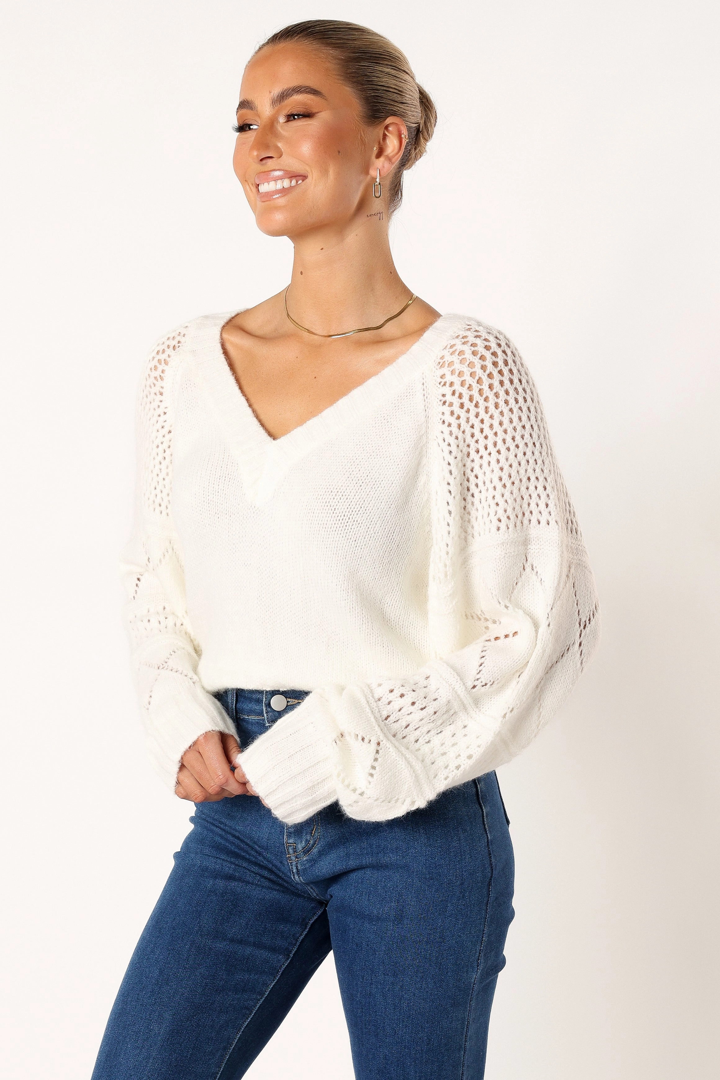 Lottie V Neck Texture Sleeve Knit Sweater - White
