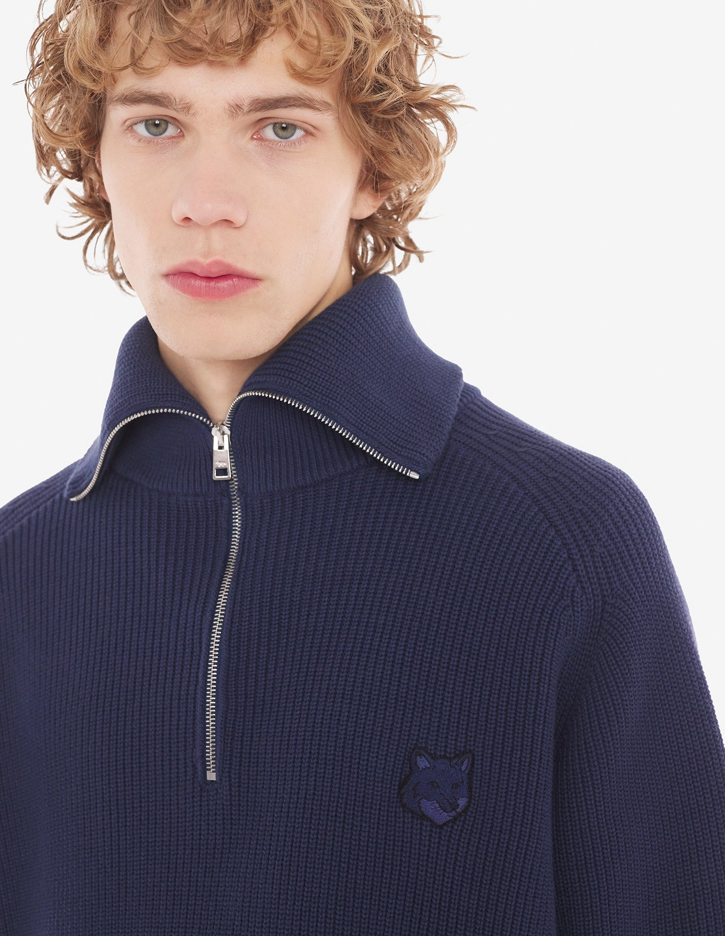 Men's Bold Fox Head Patch Half Zip Ribbed Jumper Paper Ink Blue
