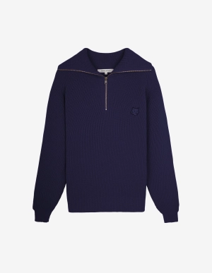 Men's Bold Fox Head Patch Half Zip Ribbed Jumper Paper Ink Blue