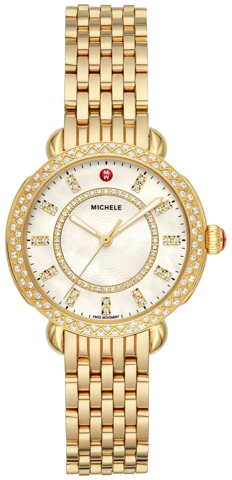 Michele Sidney Classic 18K Gold-Plated Steel Mother-of-Pearl Dial Diamonds Womens Watch MWW30B000004