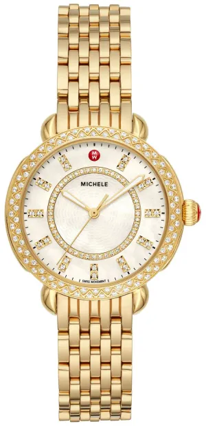 Michele Sidney Classic 18K Gold-Plated Steel Mother-of-Pearl Dial Diamonds Womens Watch MWW30B000004