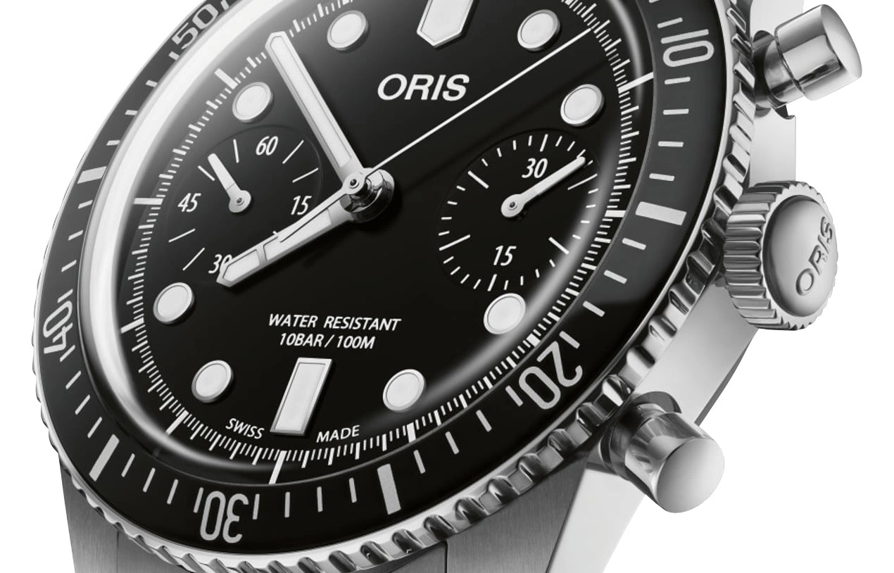 Oris Divers Sixty-Five Automatic Chronograph Stainless Steel Black Dial Black Leather Strap Mens Watch 771 7791 4054-LS