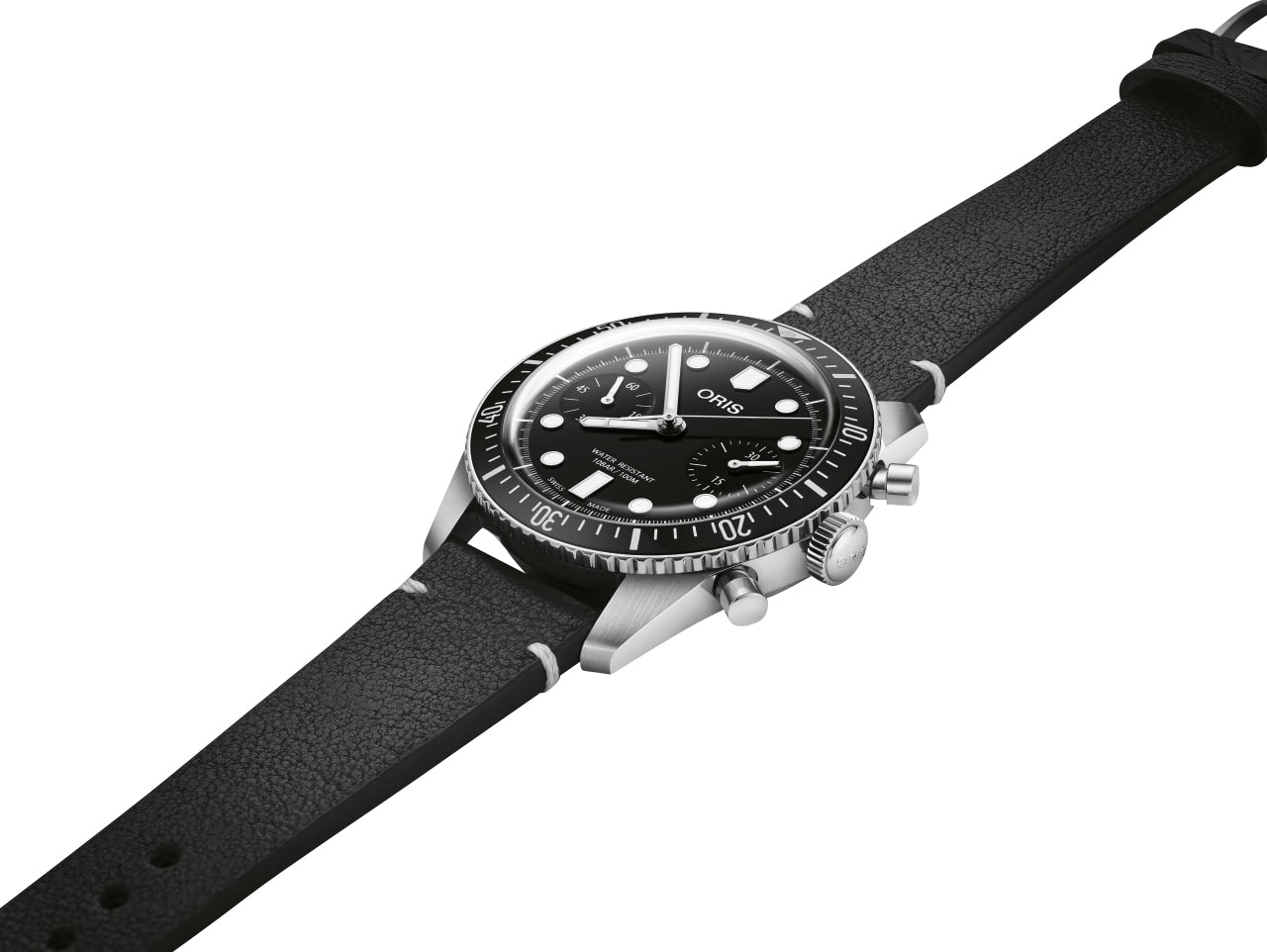Oris Divers Sixty-Five Automatic Chronograph Stainless Steel Black Dial Black Leather Strap Mens Watch 771 7791 4054-LS