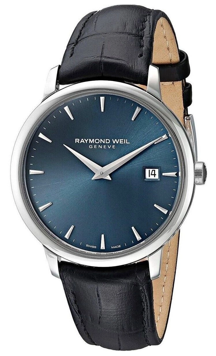Raymond Weil Toccata Stainless Steel Blue Dial Black Leather Strap Date Quartz Mens Watch 5488-STC-50001