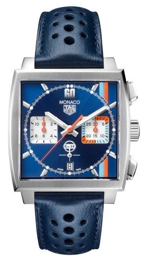 Special Edition TAG Heuer Monaco Gulf Automatic Chronograph Stainless Steel Blue Dial Blue Leather Strap Date Mens Watch CBL2115.FC6494