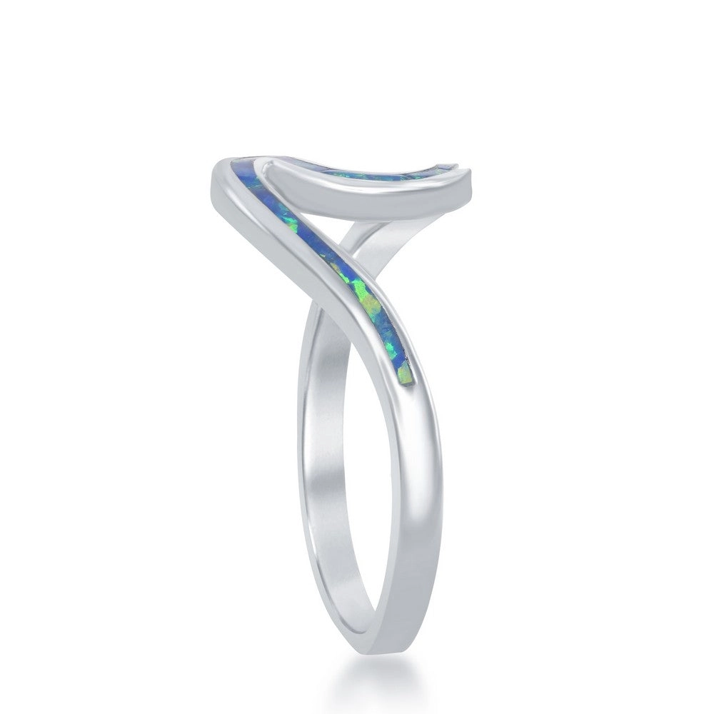 Sterling Silver Blue Inlay Opal Wave Design Ring - W-1886