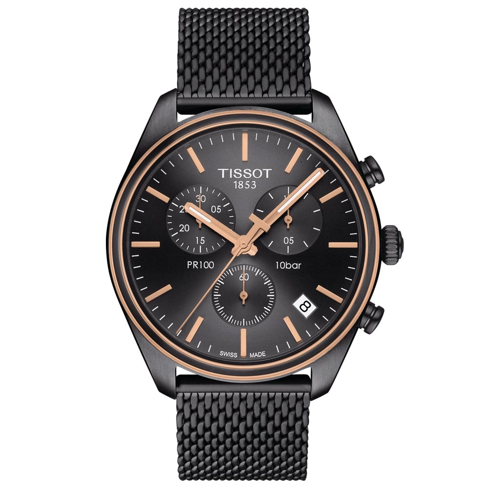 Tissot PR 100 Chronograph 41mm Anthracite Dial Gun & Rose Gold PVD Steel Gents Quartz Watch T1014172306100