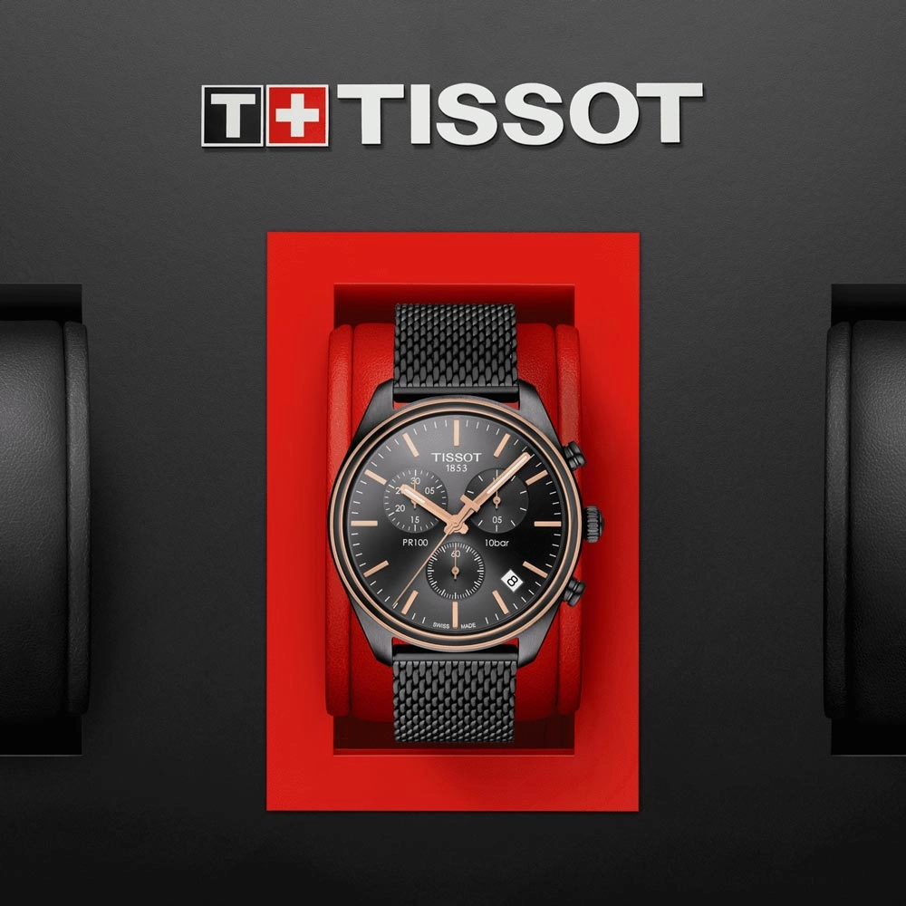 Tissot PR 100 Chronograph 41mm Anthracite Dial Gun & Rose Gold PVD Steel Gents Quartz Watch T1014172306100