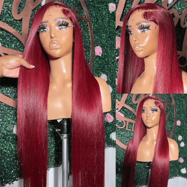 Tuneful 99j Burgundy Color 13x6 Lace Front Human Hair Straight Wigs Bogo Deal