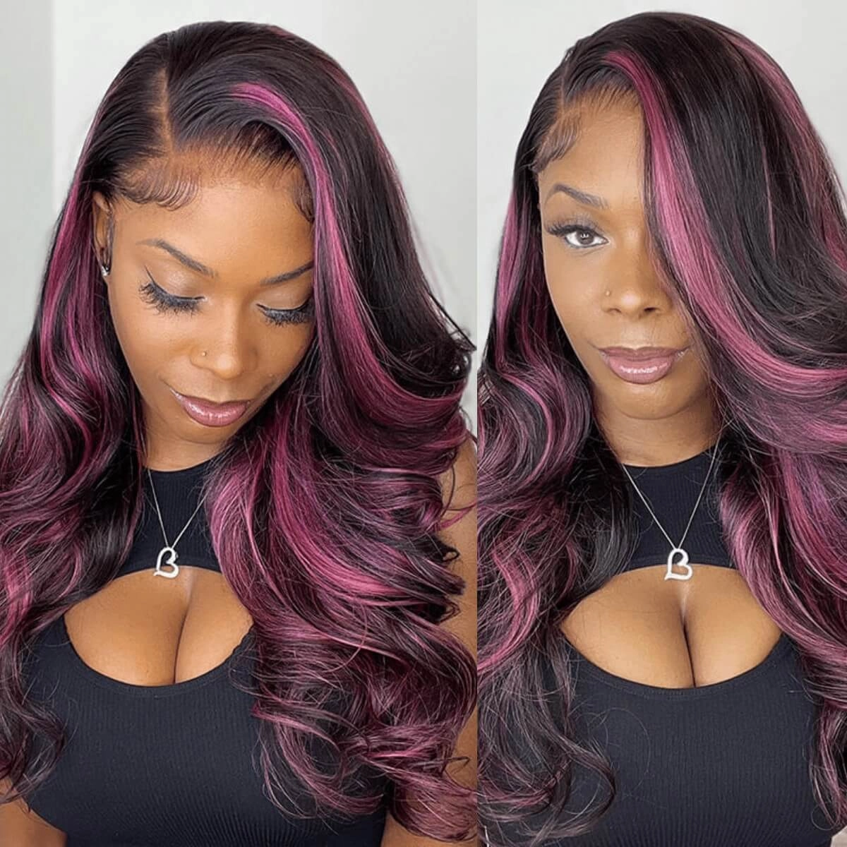 Tuneful Glueless Purple Pink Highlight Colored 13x6 5x5 6x5 Lace Front Closure Human Hair Wig 180% Density