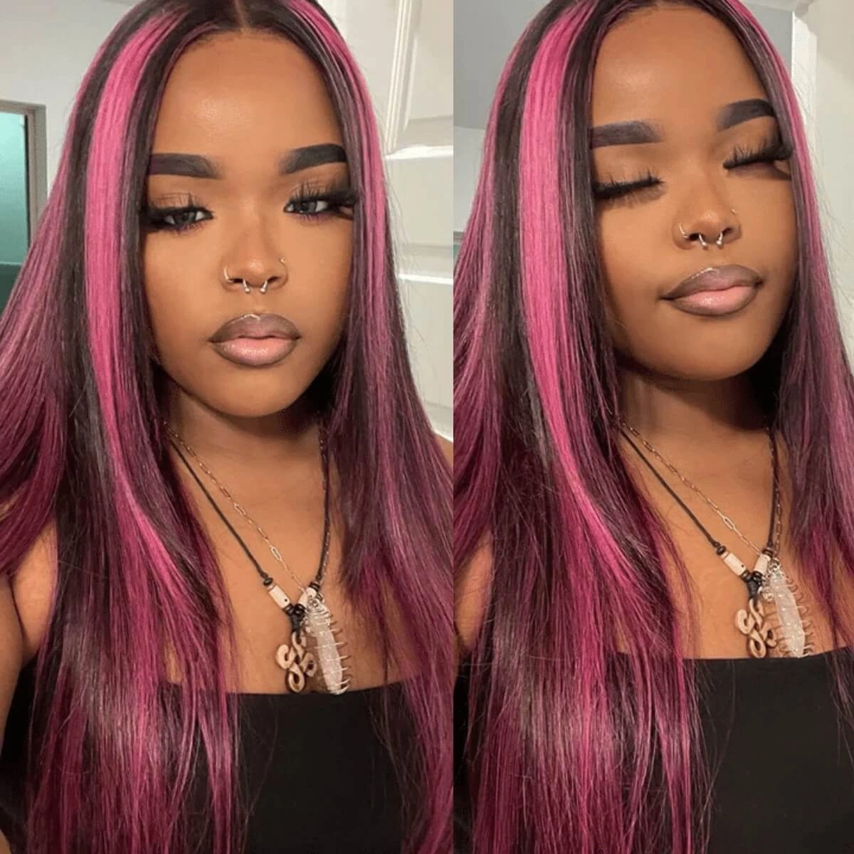 Tuneful Glueless Purple Pink Highlight Colored 13x6 5x5 6x5 Lace Front Closure Human Hair Wig 180% Density