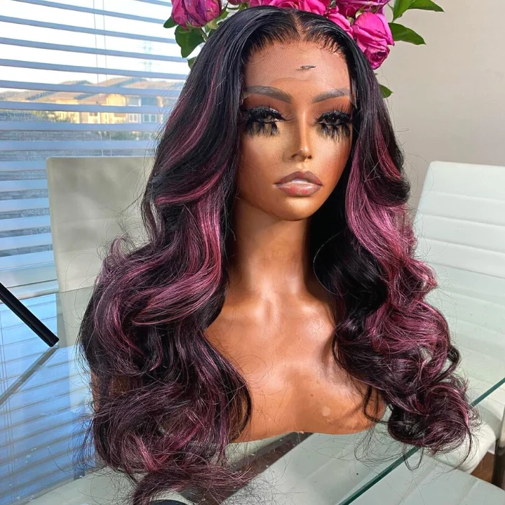 Tuneful Glueless Purple Pink Highlight Colored 13x6 5x5 6x5 Lace Front Closure Human Hair Wig 180% Density