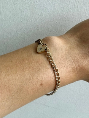 Vintage 9ct Yellow Gold Heart Lock Double Curb Bracelet