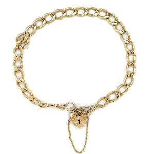 Vintage 9ct Yellow Gold Medium Curb Heart Lock Bracelet