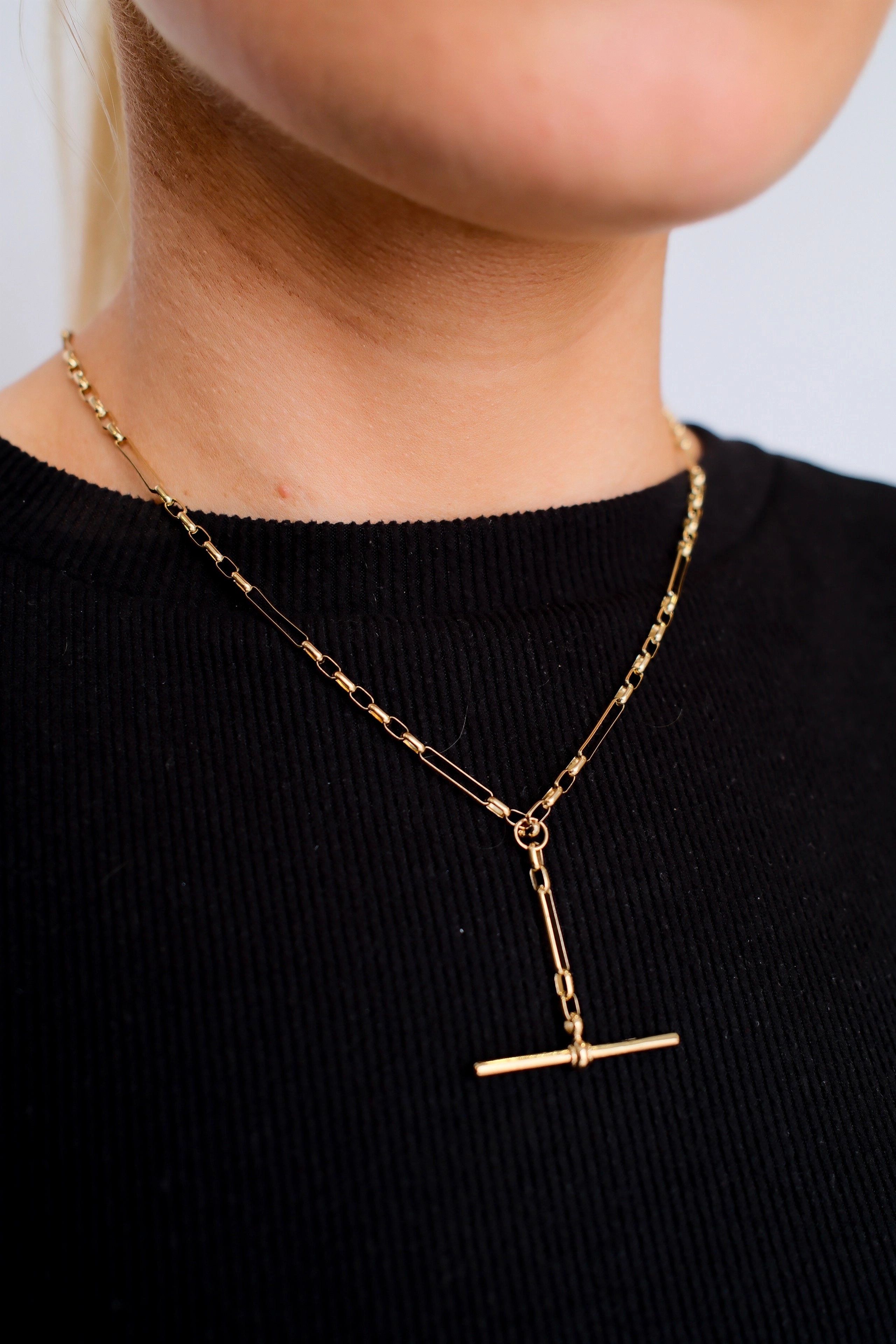 Vintage 9ct Yellow Gold Mixed Oval Link T-Bar Necklace