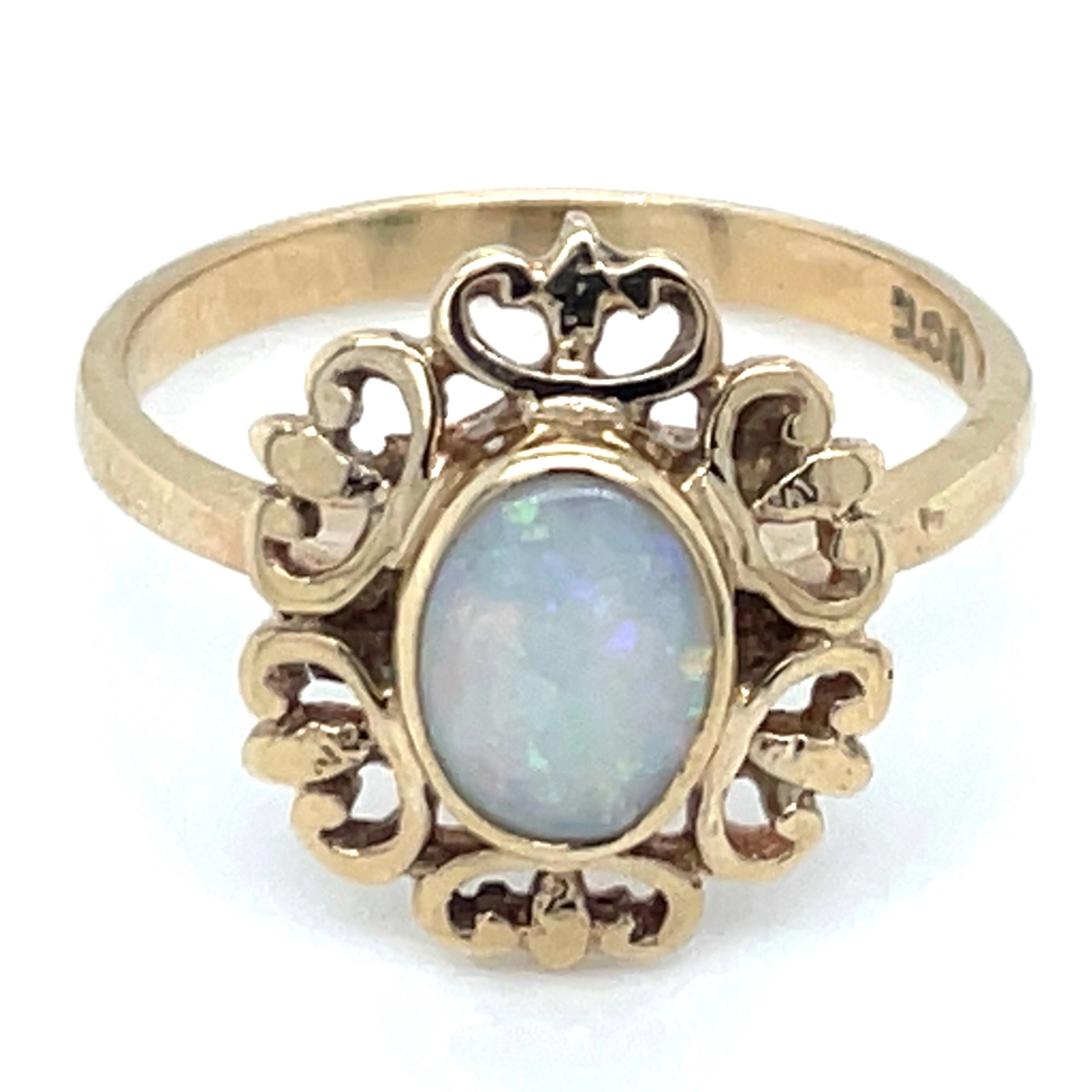 Vintage 9ct Yellow Gold Oval Opal With Detailed Halo Ring